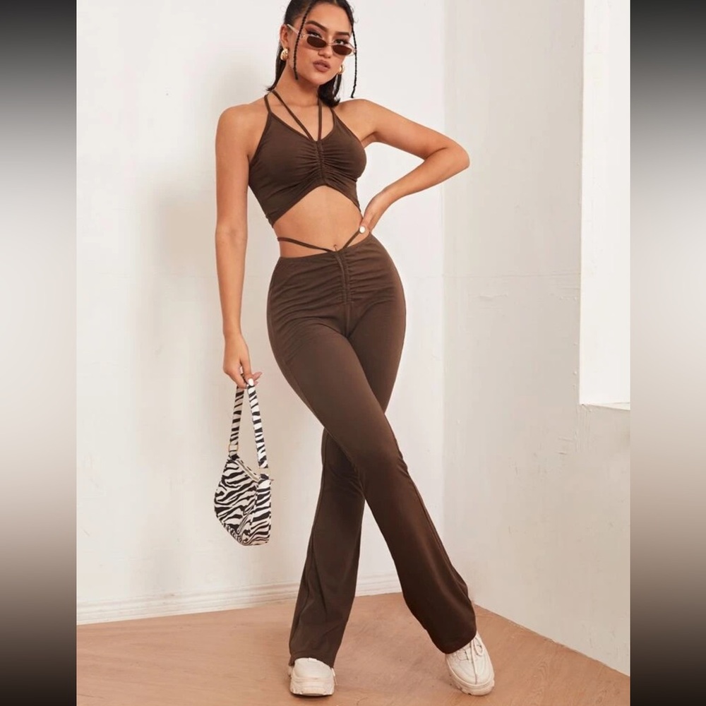 SHEIN ICON brown Tie Back Halter Top and Pants Set size large
